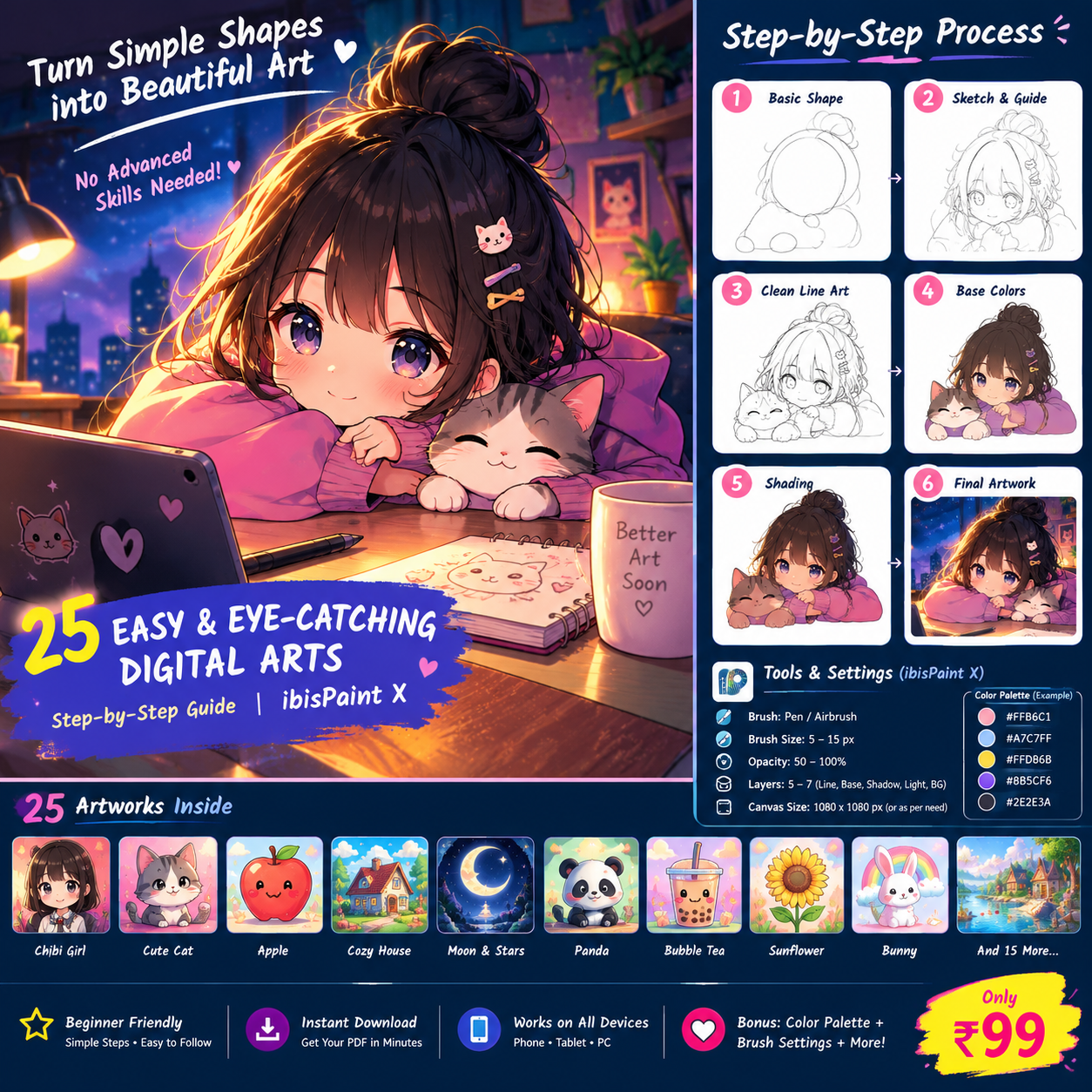 Original anime-inspired digital art and step-by-step drawing practice examples